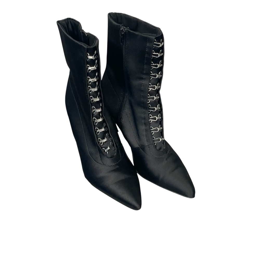 ASOS Rosalie Black Satin Pointed Toe Granny Style Bootie Heeled Boots Sz 8 UK 6